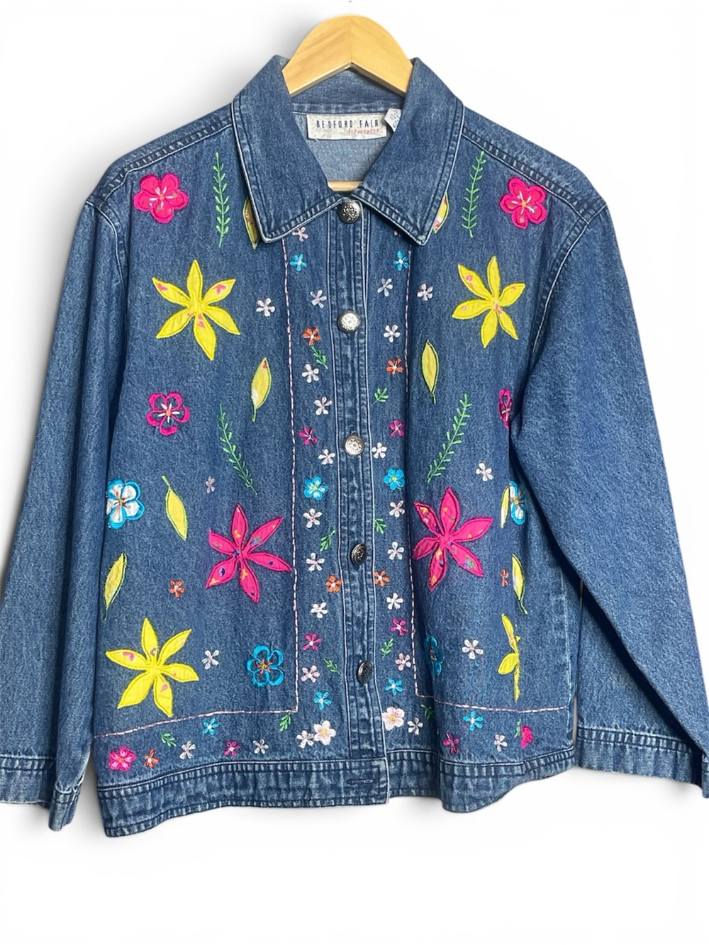 Vintage Embroidered Floral Denim Jacket - Blue Ptp 22